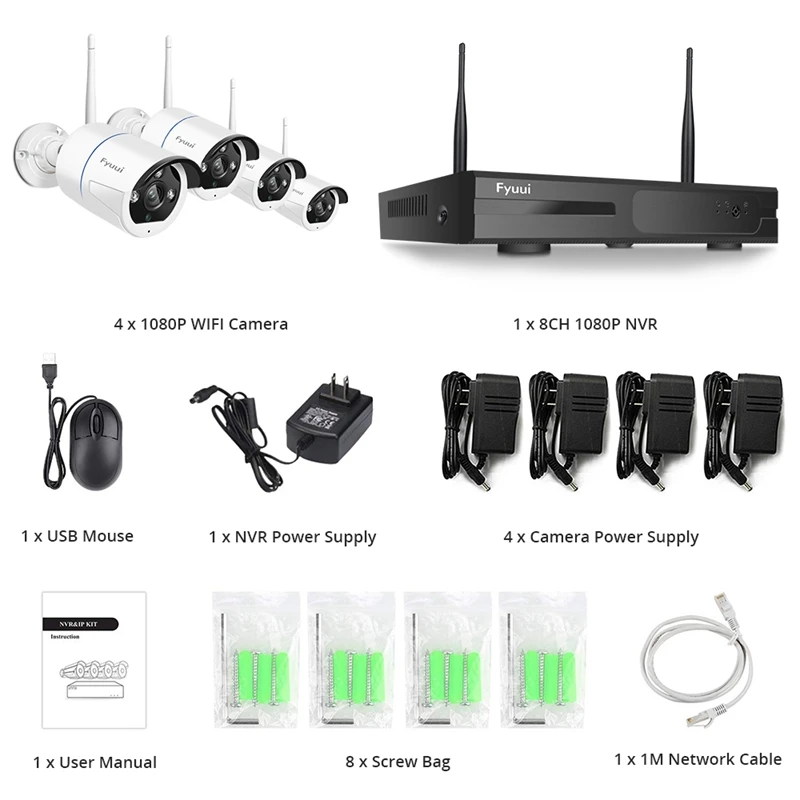Fyuui 1080P 8CH Беспроводной Wi-Fi видеокамера с Камеры Скрытого видеонаблюдения Системы, H.265+ NVR с 4/8 шт. 2MP пуля Камера 2-М), двусторонняя аудиосвязь, автоматическое соединение