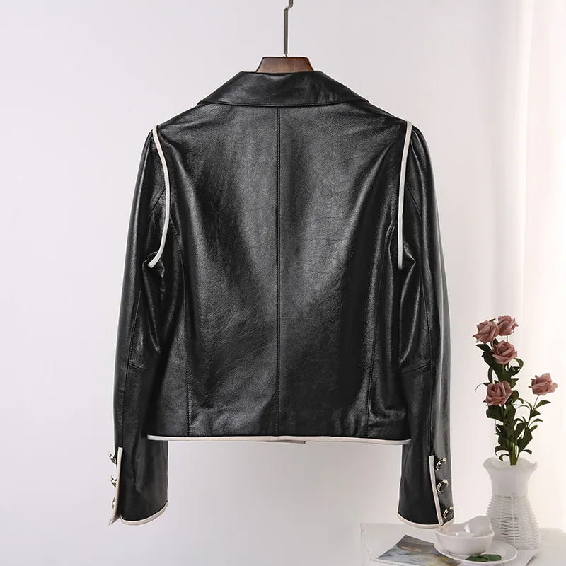 Spring Autumn France Style Women's Elegant Genuine Leather Jackets Hot Chic Pockets Sheepskin Coat C203