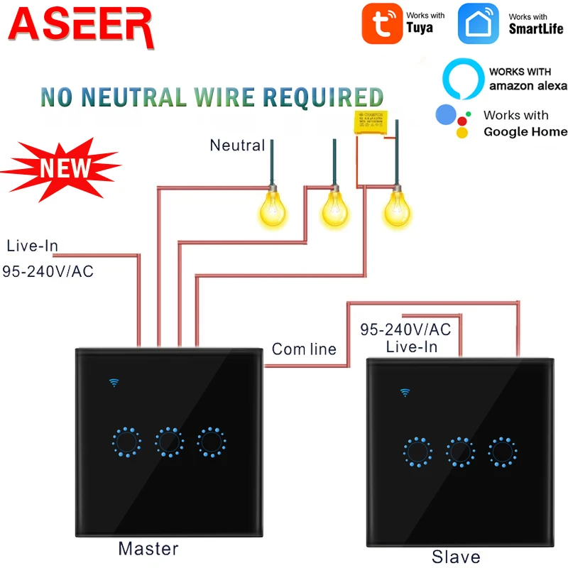 

ASEER Tuya/Ewelink EU Standard 1-2-3 Gang 2 Way Wifi Smart Touch Switch,No Neutral Wire Request Support Alexa Google Home Siri