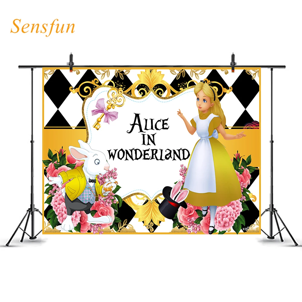 

Виниловый фон LEVOO с изображением Алисы в стране чудес, черного покера, кролика, цветов, девочки, дня рождения, реквизит для фотосъемки