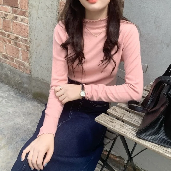 

Корейский шикарный осенний простой приталенный эластичный полувысокий воротник с волнистыми краями ярких цветов с длинными рукавами