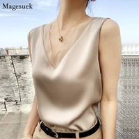 sleeveless summer womens blouses elegant tunic plus size v neck satin silk blouse women vintage basic chiffon shirt tops 13573