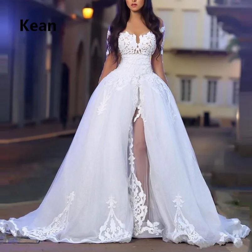 

Illusion Wedding Dress V-Neck Full Sleeve Applique Vestido De Noiva Dubai Arabic Wedding Gown Bride Dress Robe De Mariee