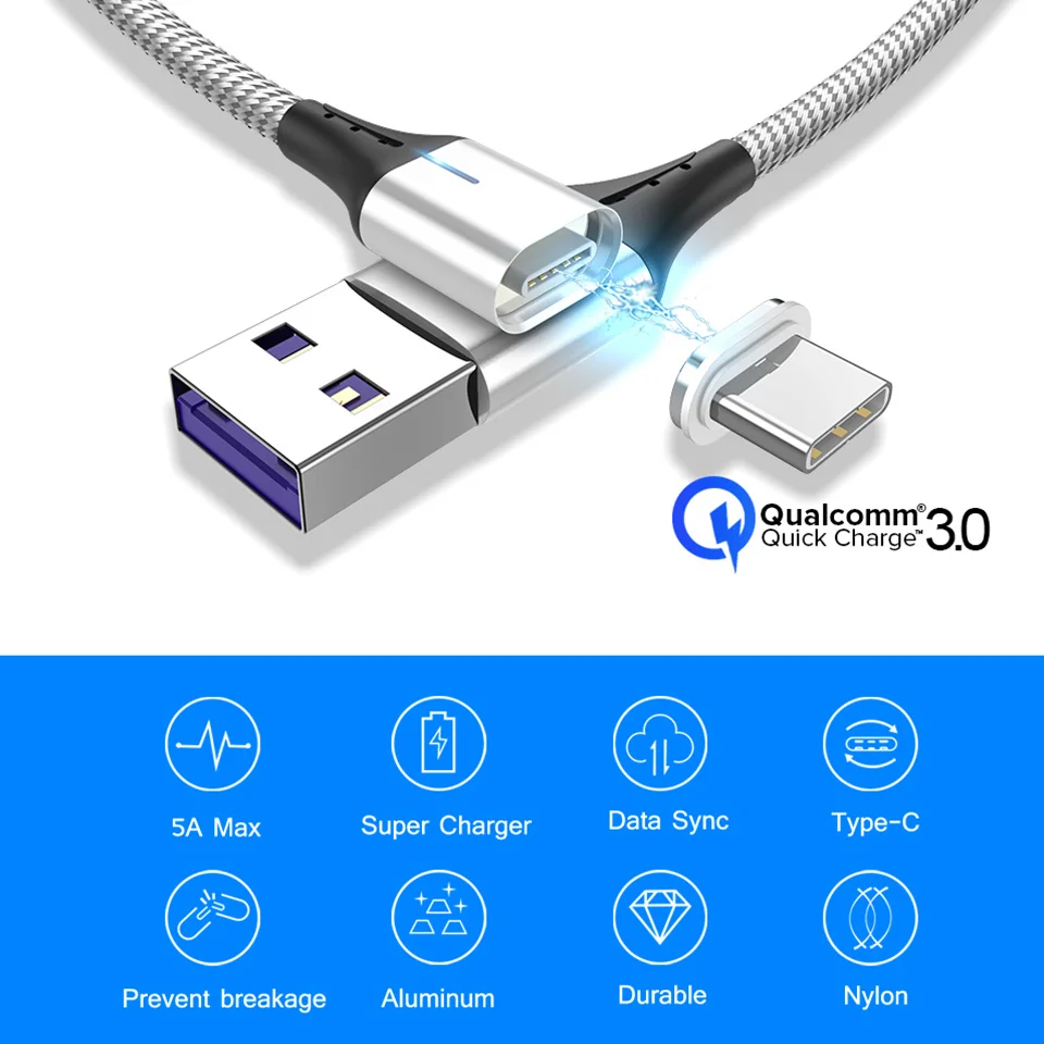 Магнитный кабель Venroii USB Type C Max 5A SuperCharge для Huawei P20 P30 Mate 20 30 Pro Быстрая зарядка