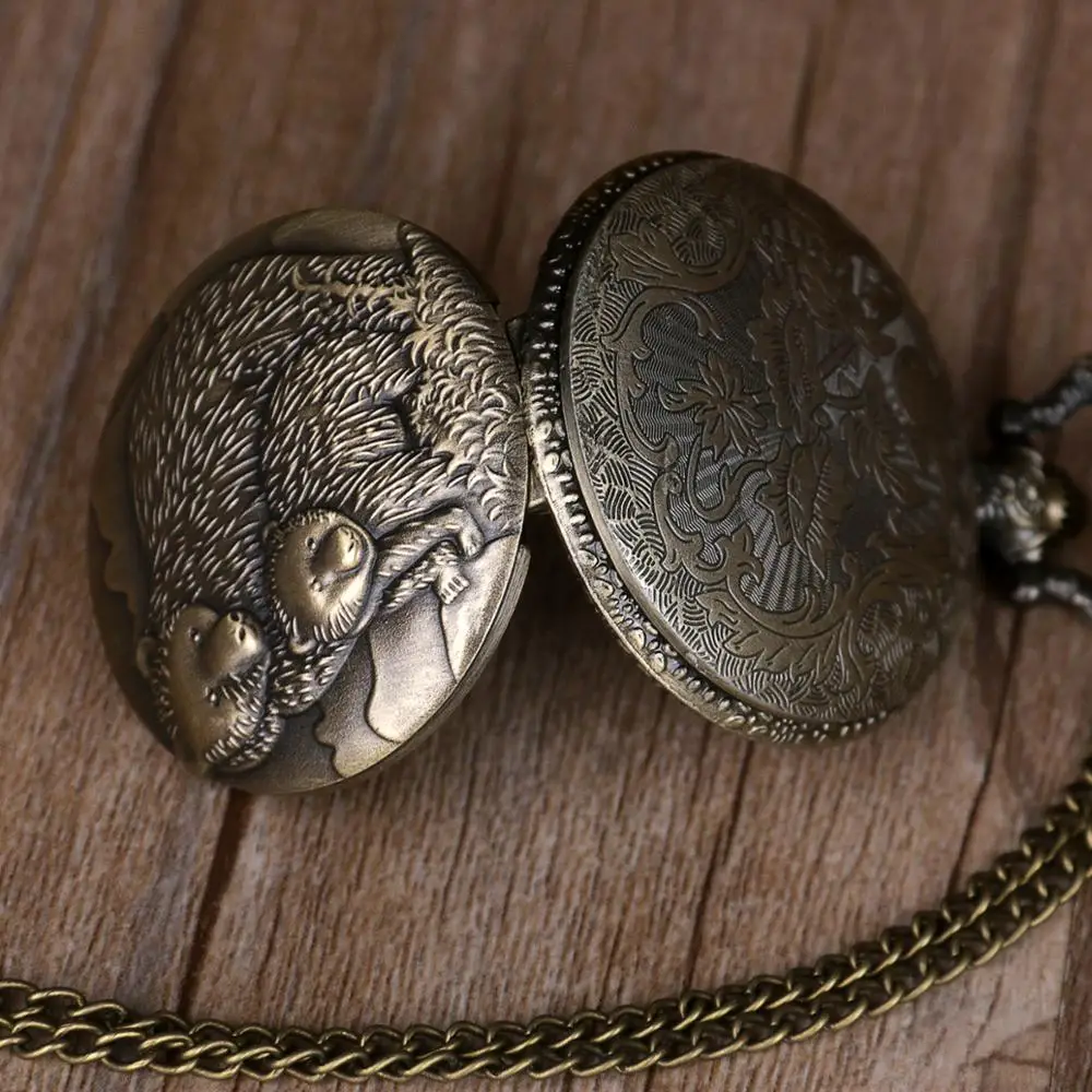 Винтажные теплые милые кварцевые карманные часы с двумя медведями и