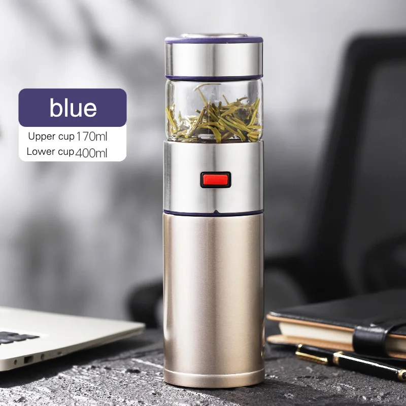 Blue ONEISALL 570ml Stainless Steel Thermos Bottle Thermocup Tea Vaccum Flasks Christmas Gift Thermal Mug With Tea Insufer For Office - Color: Blue