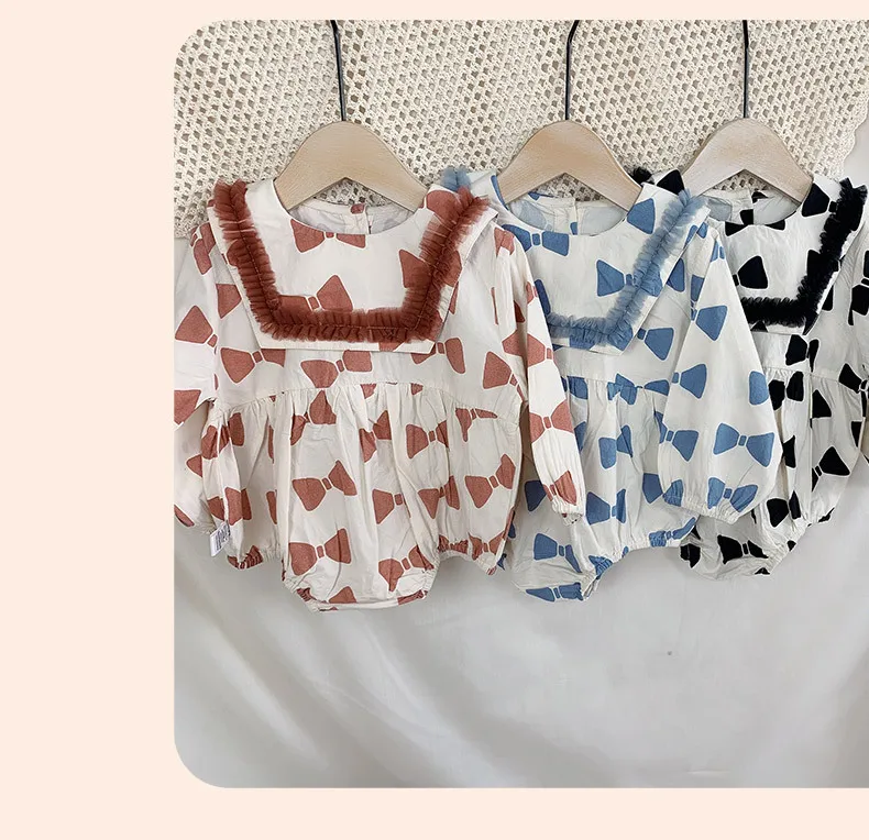 

7018 Korea New 2021 Baby Girl Clothes Spring Lovely Baby Outwear Long Sleeve Tops or Bow Tie Socks Fashion Baby Girl Outfit