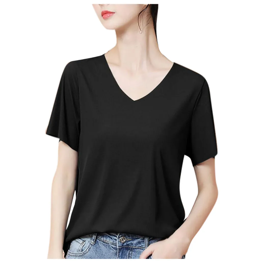Футболка женская однотонная с V-образным вырезом и коротким рукавом | Женская