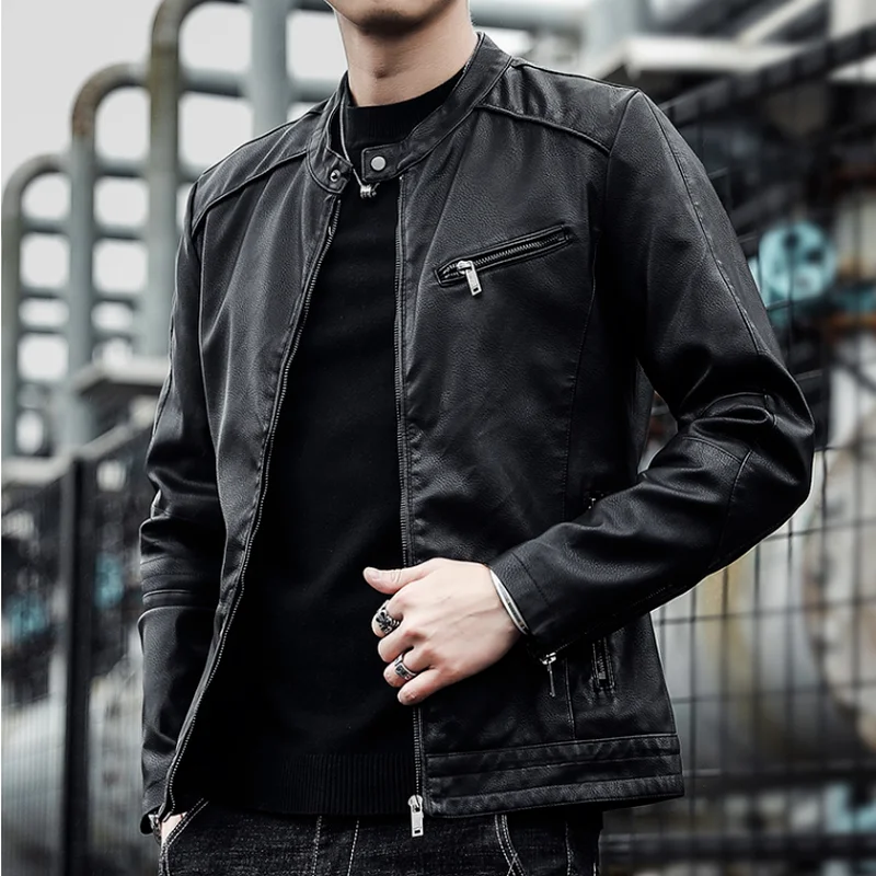 

Мужская мотоциклетная куртка с воротником-стойкой, теплая флисовая приталенная модная мужская одежда, куртка из искусственной кожи на осен...