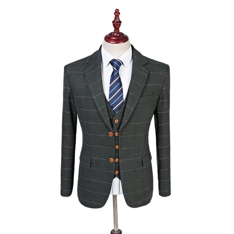 

Costumes Hommes Custom Men Suits 3 Pcs Jacket Woollen Smart Casual Plaid Single Breasted Slim-Fit Cocktail Party Wedding Tuexdos