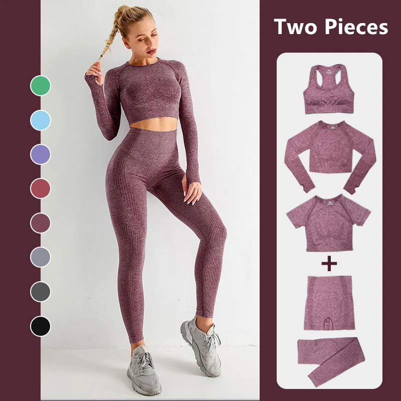 

Seamless sports yoga two pieces set workout clothes Fitness gym long sleeve crop top suits Sportswear leggings tracksuit women