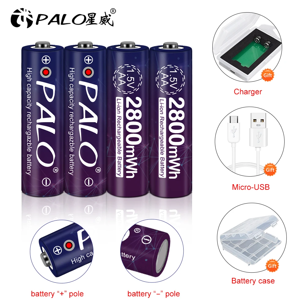 PALO 2800mWh 1.5В AA аккумулятор литий полимерный ионный + USB смарт зарядное устройство и