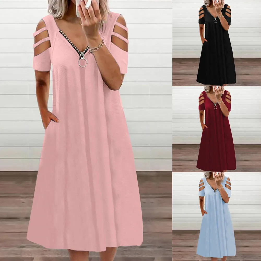 

Women Cold Shoulder Short Sleeve Zipper V Neck Dress Casual Loose Party Sundress Fashion High Quality Women's Dress Soft Summer