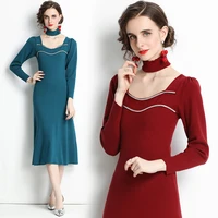 larci 2021 autumn and winter women s dress fashion sexy square neck long sleeve elegant slim knit midi dress