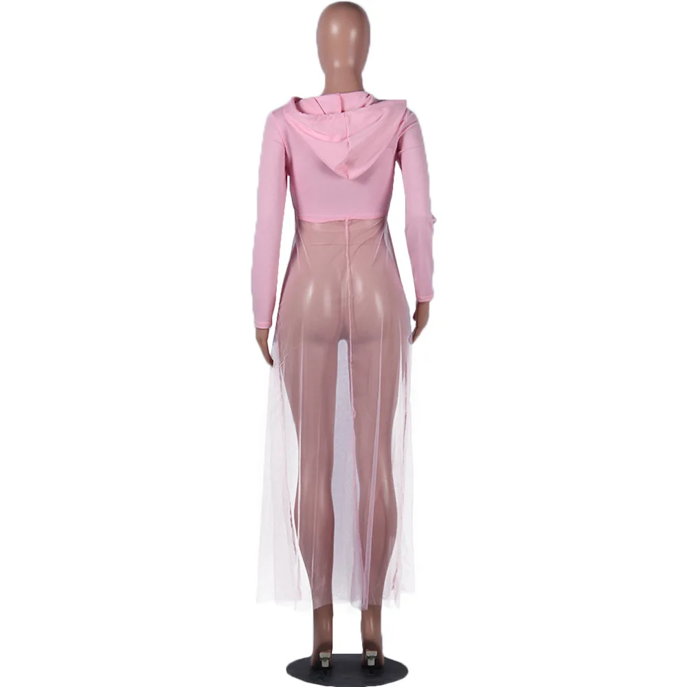 

BKLD Hoodies Dress Women 2019 Autumn Sweatshirts Long Sleeve Hooded Mesh Patchwork Long Sweatshirt Hoodies Women Pullovers Pink