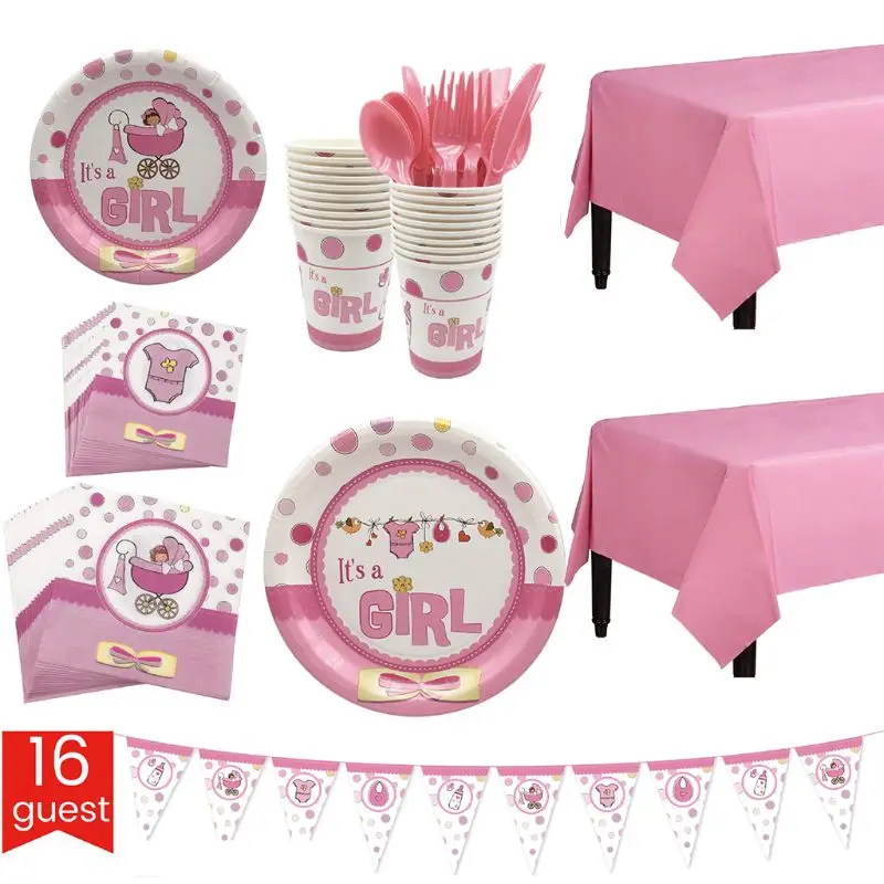 

127 Piece Baby Boy Shower Party Supplies Set ï¼ŒServes 16ï¼ŒIncluding Plates, Cups, Table Napkins, Tablecloth and Banner, Knives