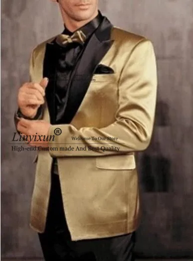 

One Button Gold Jacket Black Pants Groom Tuxedos Peak Lapel Groomsman Men Prom Blazer Bridegroom Suits (Jacket+Pants+Tie)