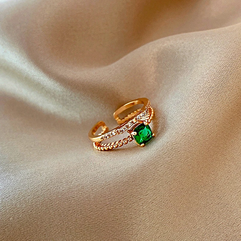 

2021 New Charming 14K Real Gold Bowknot Emerald Double Layer Rings for Women Adjustable Design Beautiful Jewelry Shiny Zirconia