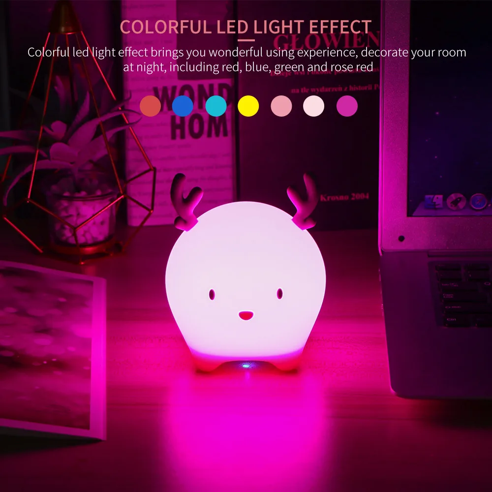 

New Deer Soft Silicone Night Light Portable USB Rechargeable Adjustable Color Lamp Birthday Christmas For Camping Baby Light