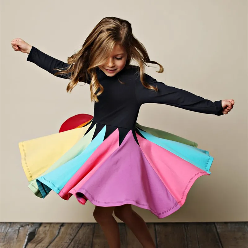 Радужное осенне-зимнее платье для девочек новинка 2019 детские платья с длинным