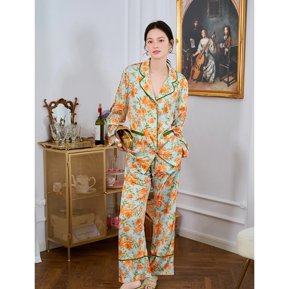 Maison Gabrielle 2021 Fall New Floral Printed Pajamas Set Loungewear Sleepwear for Women Pajama Femme 2 Pieces Long Sleeve Satin
