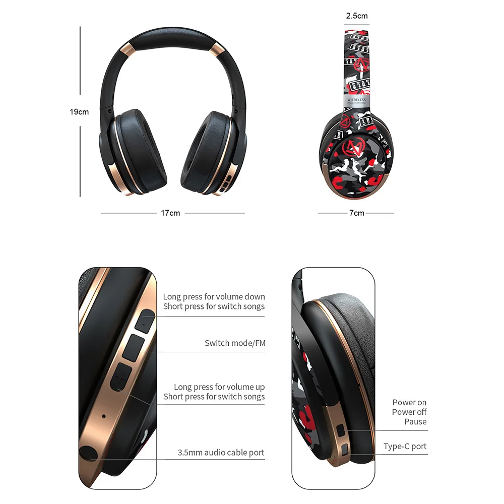 

Wireless Bluetooth Headphone Hand Drawn Style Over-Ear Wireless Headsets With MIC Comfortable Imitation-Protein Earpads Headset