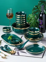 emerald green ceramic gold inlay western food steak pasta fish plate salad soup rice bowl seasoning dish porcelain tableware set