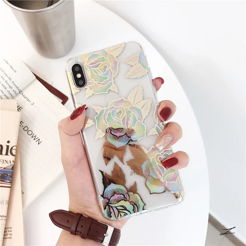 Прозрачный чехол с золотыми бронзовыми розами для iPhone 11 Pro Max X XR XS 6 6s 7 8 Plus