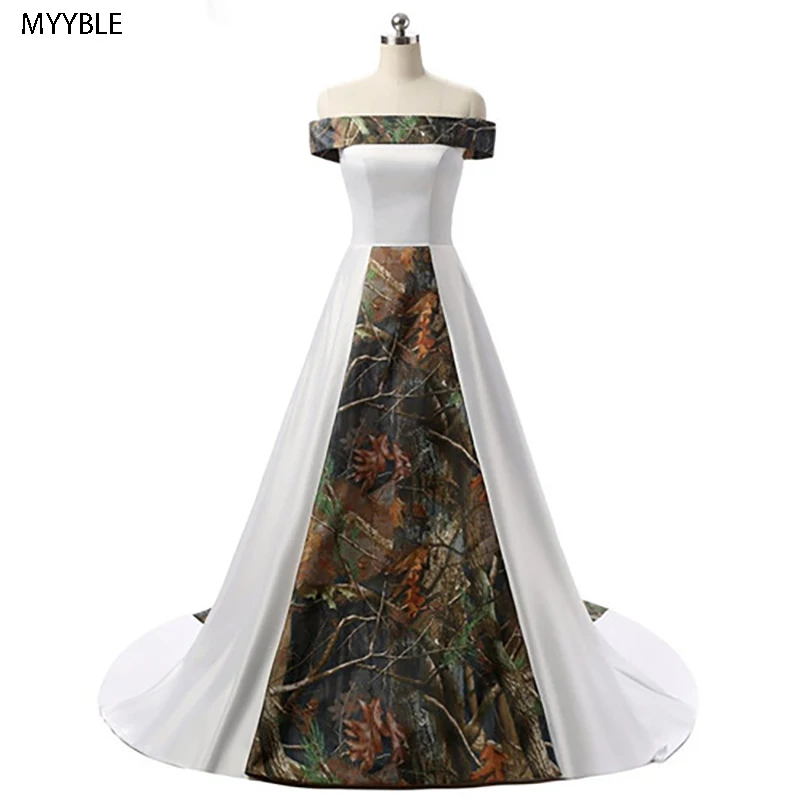 Gardlilla mancha Camo Vestido de baile blanco boda corte tren Boat cuello vestidos невесты foto Re | Свадьбы и торжества
