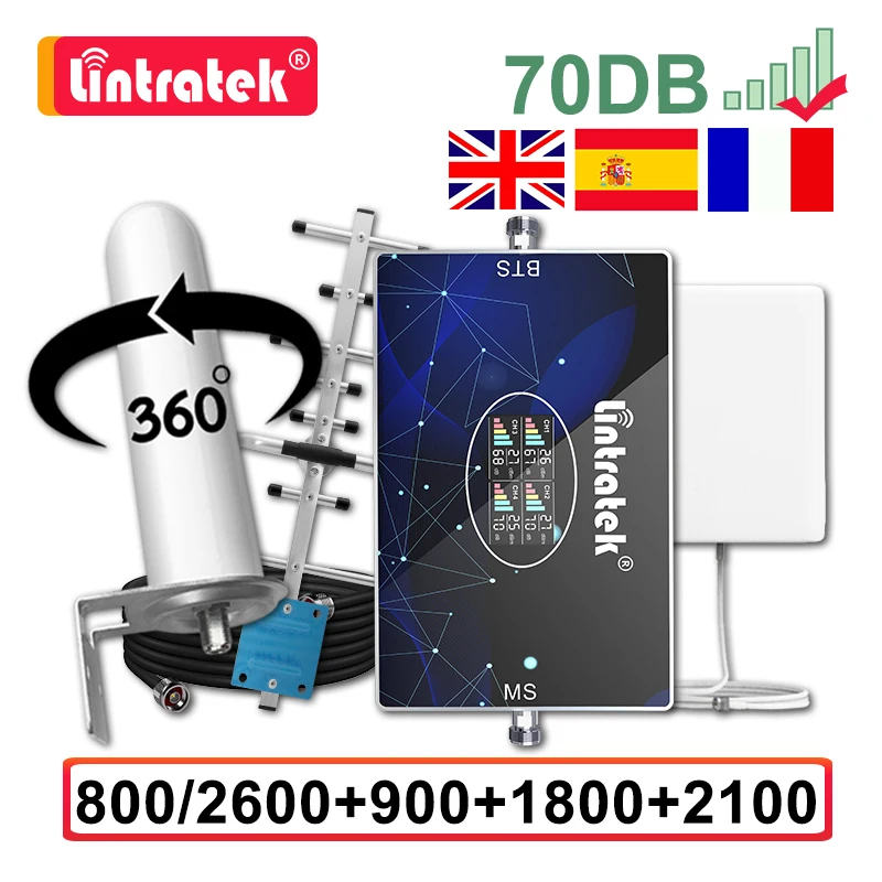 

Lintratek 70dB Four Band Signal Booster 800 900 1800 2100 2600 Celular Repeater GSM 2G 3G 4G Amplifier Yagi Omni Antenna 15M AGC