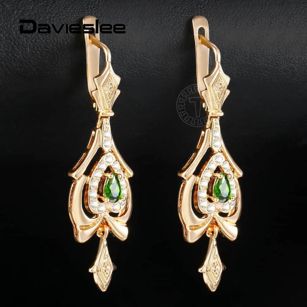 Davieslee Teardrop Olivine Green CZ люстра Висячие серьги для женщин проложили прозрачный кубический цирконий 585 розовое золото заполненный DGE109