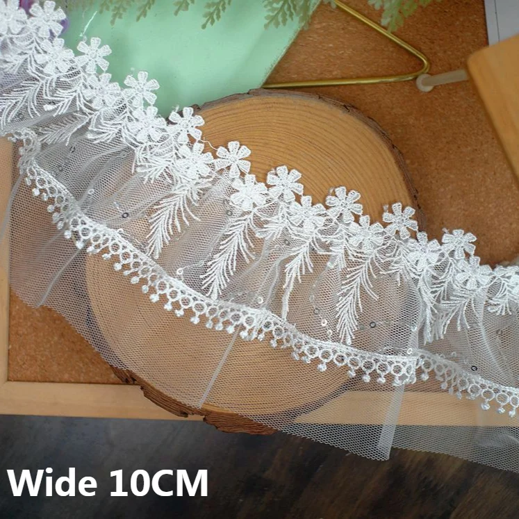 

10CM Wide Luxury White Mesh Double Layers Lace Silver Sequins Tassel Applique Ruffle Trim Dress Curtain Fringe Ribbon Sewing DIY