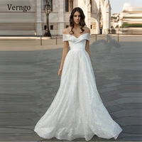 verngo glitter a line off the shoulder wedding dresses 2021 short sleeves sweep train corset lace up back bridal gowns plus size