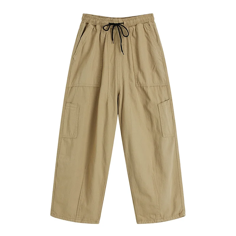 

Boyriend Thin Khaki Cargo Pants With Pocket Elastic Waist Loose Summer Casual Wide Leg Pants