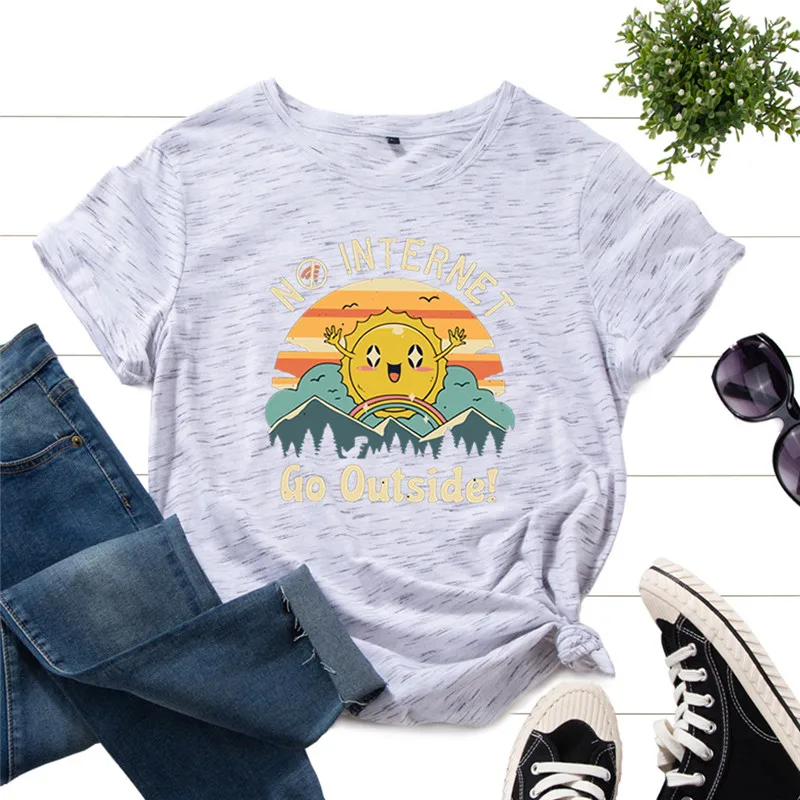 

No Internet Go Outside T-shirt Women Summer Plus Size Short Sleeve Kawaii Son Rainbow Print Casual Female Graphic Tshirts Tees