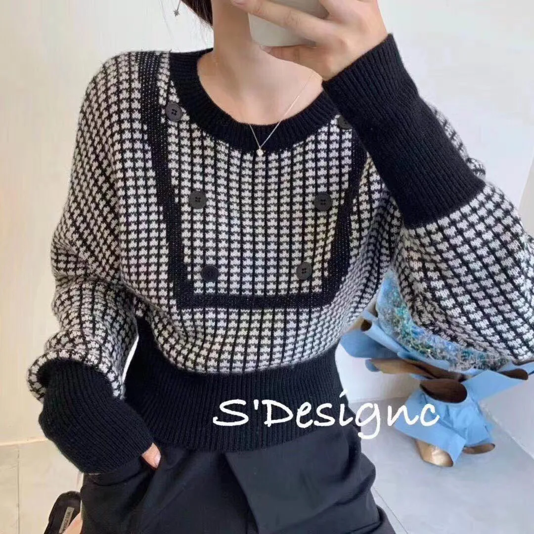 

Spring/Autumn Woman Sweaters Lady Trendy Round Collar Pullover Houndstooth Sweater Sweety Short Knitted Korean Tops for Women