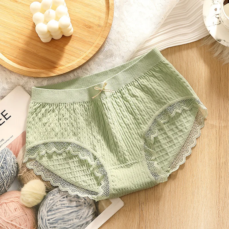 

Classic Cute Japanese Women Briefs Bubble Lace Honeycomb Panties Mid Waist Bow Ladies Sexy Underwear Trend Summer Breathable