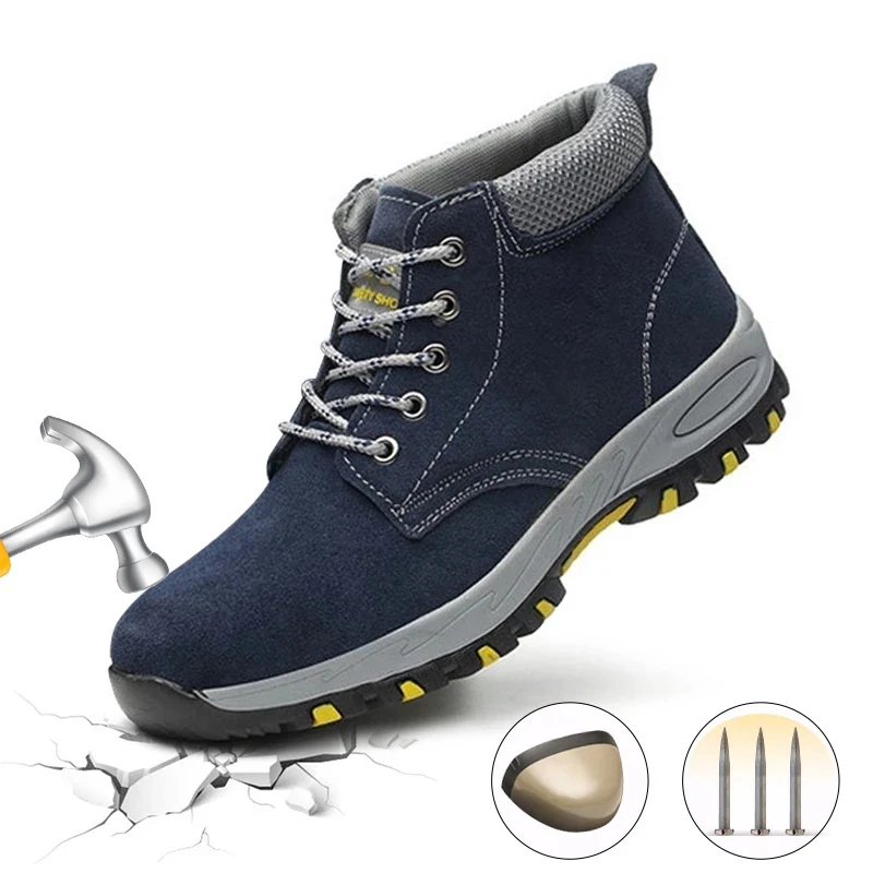 

Men Indestructible Shoes Cow Leather Ankle Boots High Top Steel Toe Cap Lightweight Walking Hike Work Safety Shoes