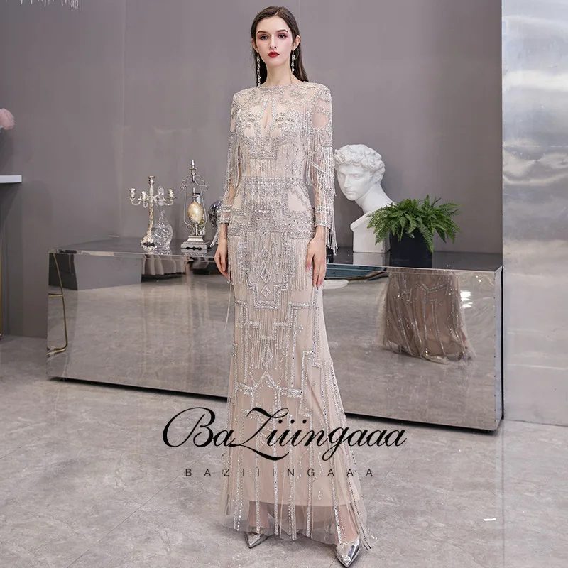 

BAZIIINGAAA Luxury Gold Beaded Evening Dress Long Sleeve Round Neck Gold Gown Mermaid Design Suitable for Formal Evening