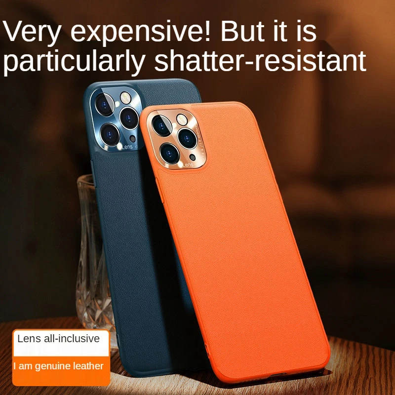 

For iPhone 13 Mobile Phone Case For iphone 12 Pro Max Mini Plain Leather Metal Protective Lens Ring Anti-fall Protective Cover