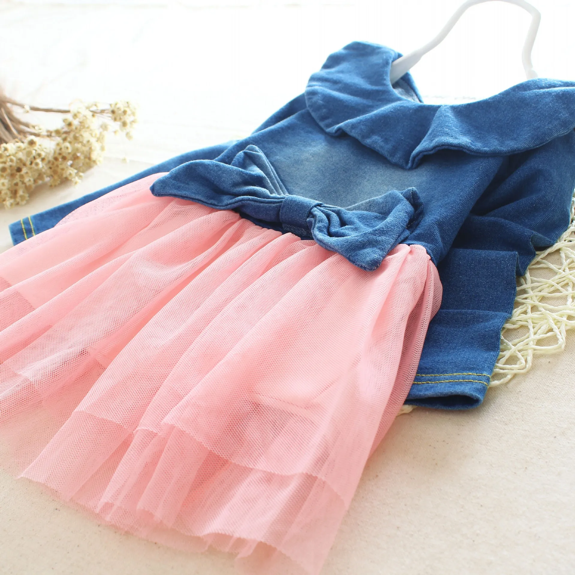 Осень весна Джинсы для маленьких девочек Комбинированное кружевное платье пачка