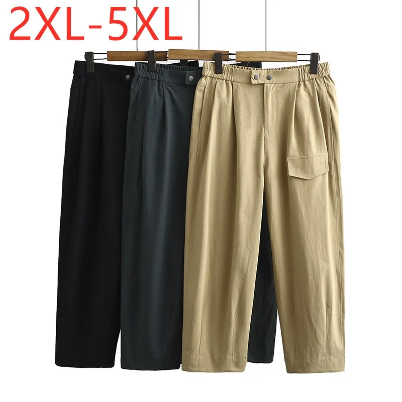 

New 2021 ladies spring autumn plus size cropped pants for women large loose casual pocket straight khaki trousers 3XL 4XL 5XL