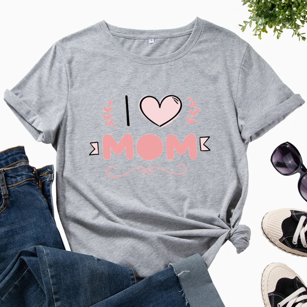 

I LOVE MOM Letter Print Women T Shirt Short Sleeve O Neck Loose Women Tshirt Ladies Tee Shirt Tops Clothes Camisetas Mujer