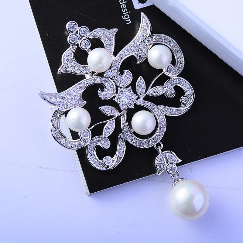 Vintage Cubic Zirconia Royal Flower Broach Pin Pearls for Women Dress Bag Hat Accessories Pins XR01522 | Украшения и аксессуары