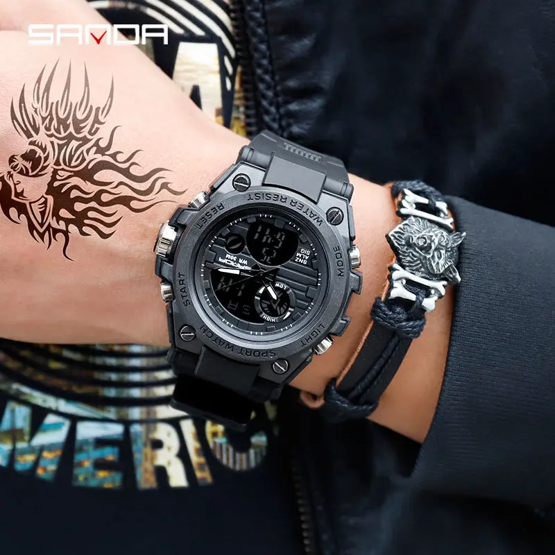 

SANDA Mannen Horloges Militaire Dual Time Display Sport Waterdicht Horloge Man Klok Fashion Casual LED Digitale Horloges