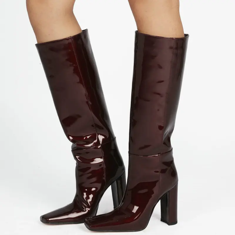 Женские лакированные кожаные модные сапоги до колена с квадратным носком без
