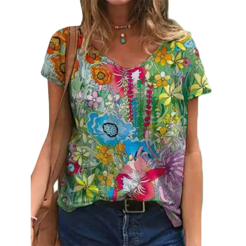 

Womens Summer V-Neck Flower Print Short Sleeve T-Shirt Casual Loose Tops Shirt
