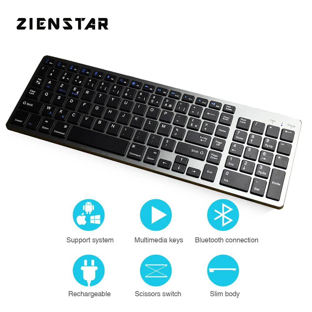 Zienstar AZERTY с надписью на французском языке: Bluetooth клавиатура Перезаряжаемые