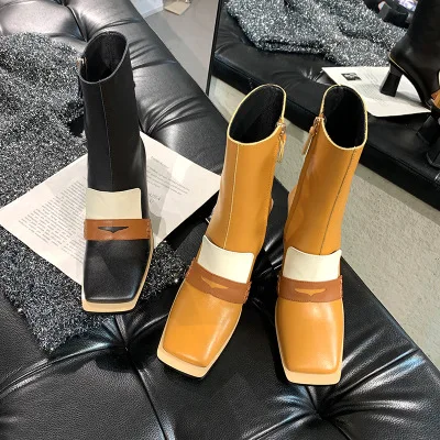 

Retro Square Toe Side Zipper High-heel Boots 2020 Autumn Winter Fashion Special-shaped Thick-heel Color Matching Martin Boots