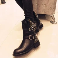 autumn winter top selling black round toe short boots women crystal rivets studded low square heel riding boots back zipper